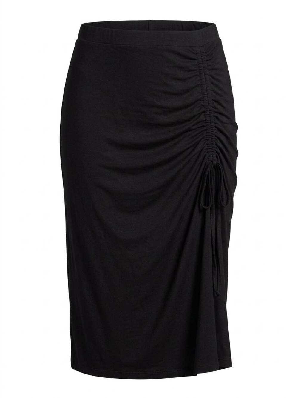 Velvet Torch Black Midi Skirt with Side Drawstring Detail